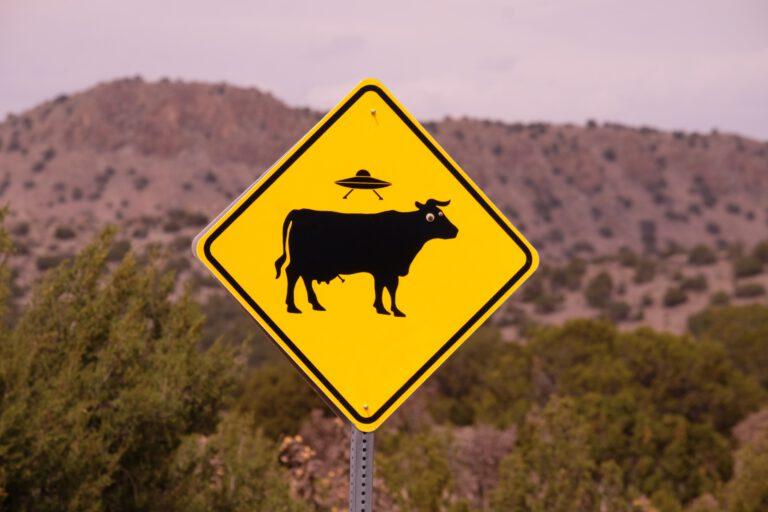 A warning sign of a cow being abducted by aliens